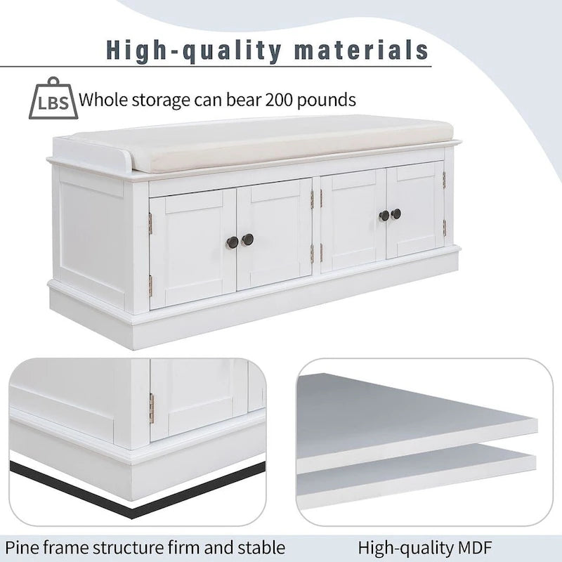 Upholstered Storage Bench with 4 Magnetic Doors and Adjustable Shelf for Entryway