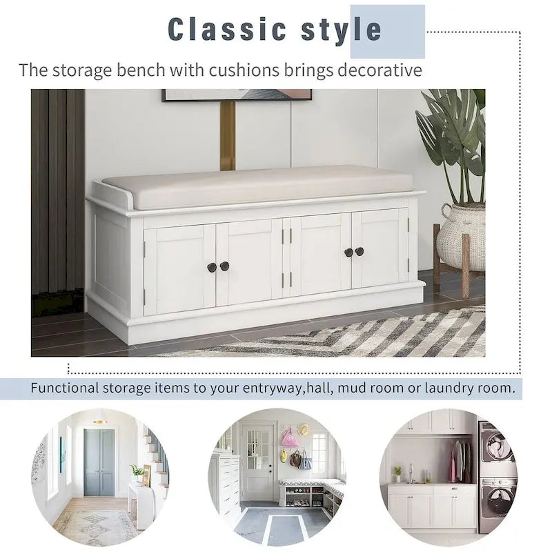 Upholstered Storage Bench with 4 Magnetic Doors and Adjustable Shelf for Entryway
