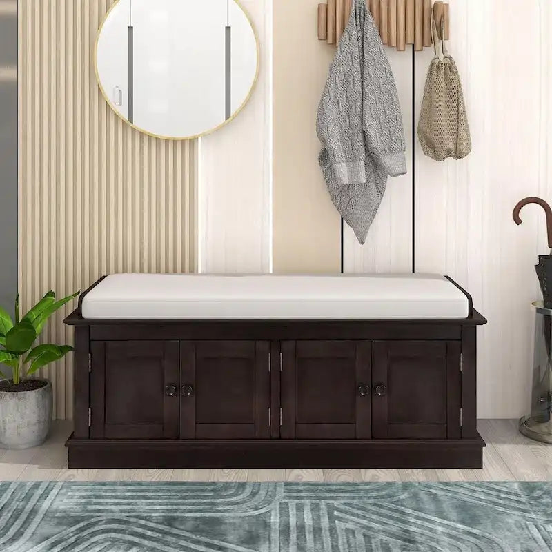 Upholstered Storage Bench with 4 Magnetic Doors and Adjustable Shelf for Entryway