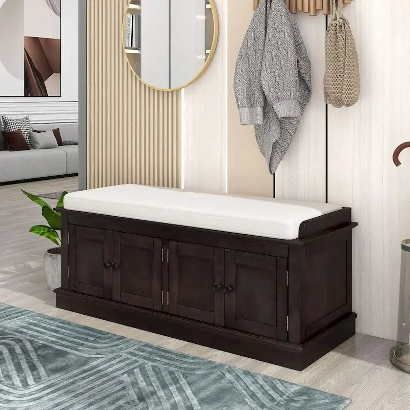Upholstered Storage Bench with 4 Magnetic Doors and Adjustable Shelf for Entryway