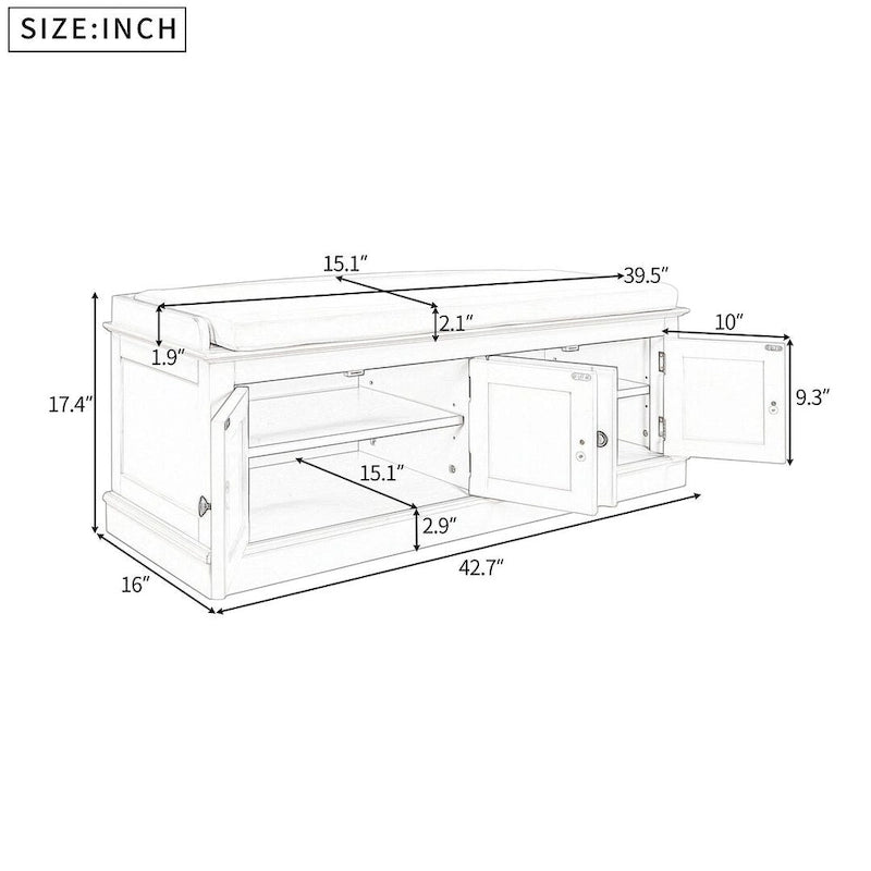 Upholstered Storage Bench with 4 Magnetic Doors and Adjustable Shelf for Entryway