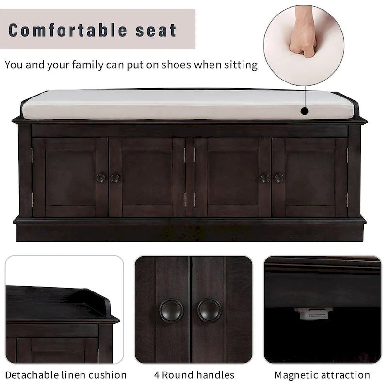 Upholstered Storage Bench with 4 Magnetic Doors and Adjustable Shelf for Entryway