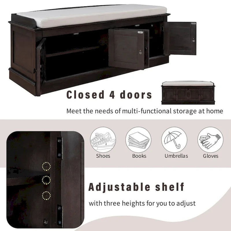 Upholstered Storage Bench with 4 Magnetic Doors and Adjustable Shelf for Entryway