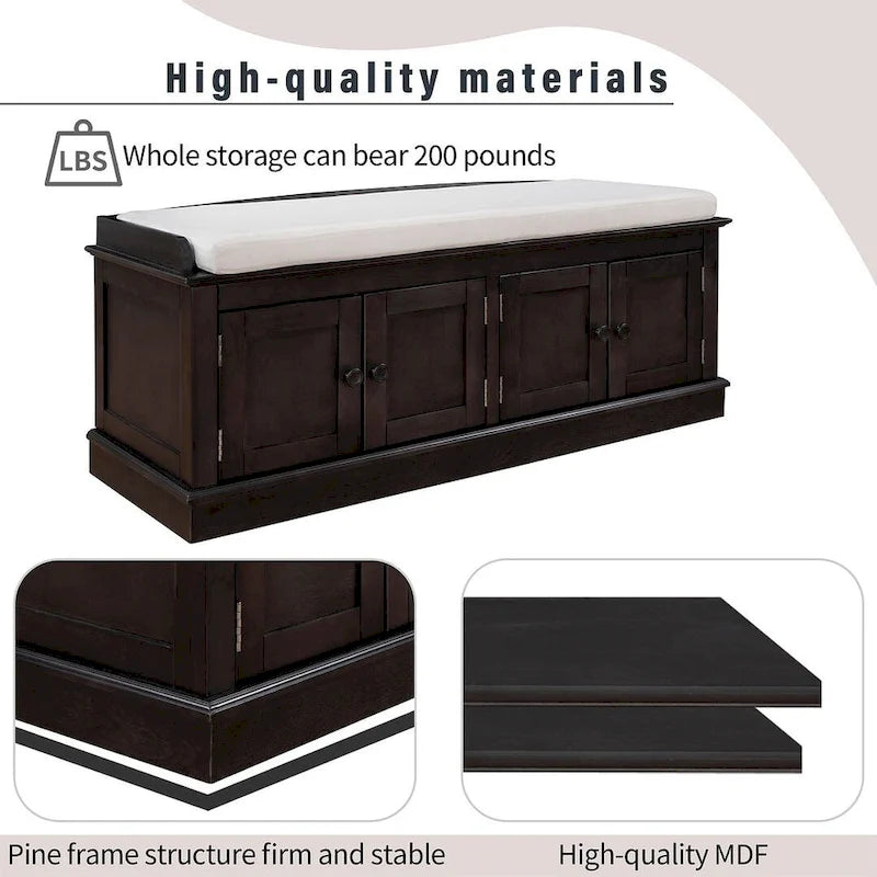 Upholstered Storage Bench with 4 Magnetic Doors and Adjustable Shelf for Entryway