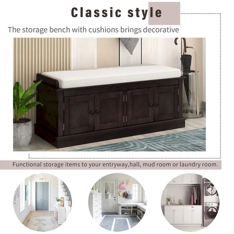 Upholstered Storage Bench with 4 Magnetic Doors and Adjustable Shelf for Entryway