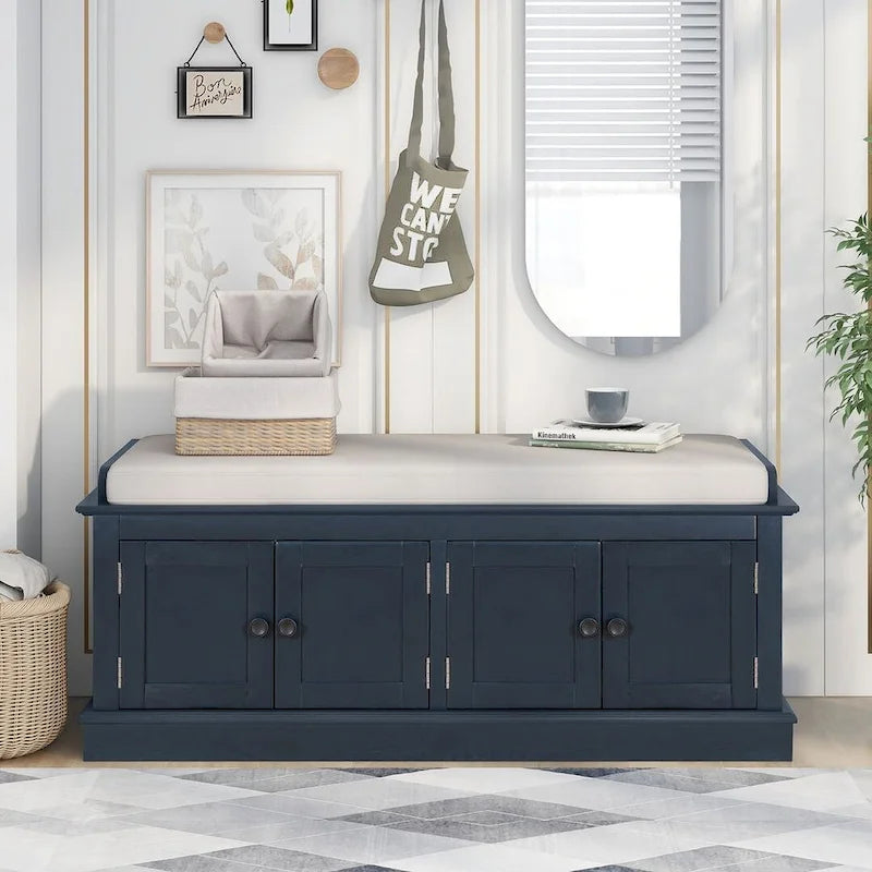 Upholstered Storage Bench with 4 Magnetic Doors and Adjustable Shelf for Entryway