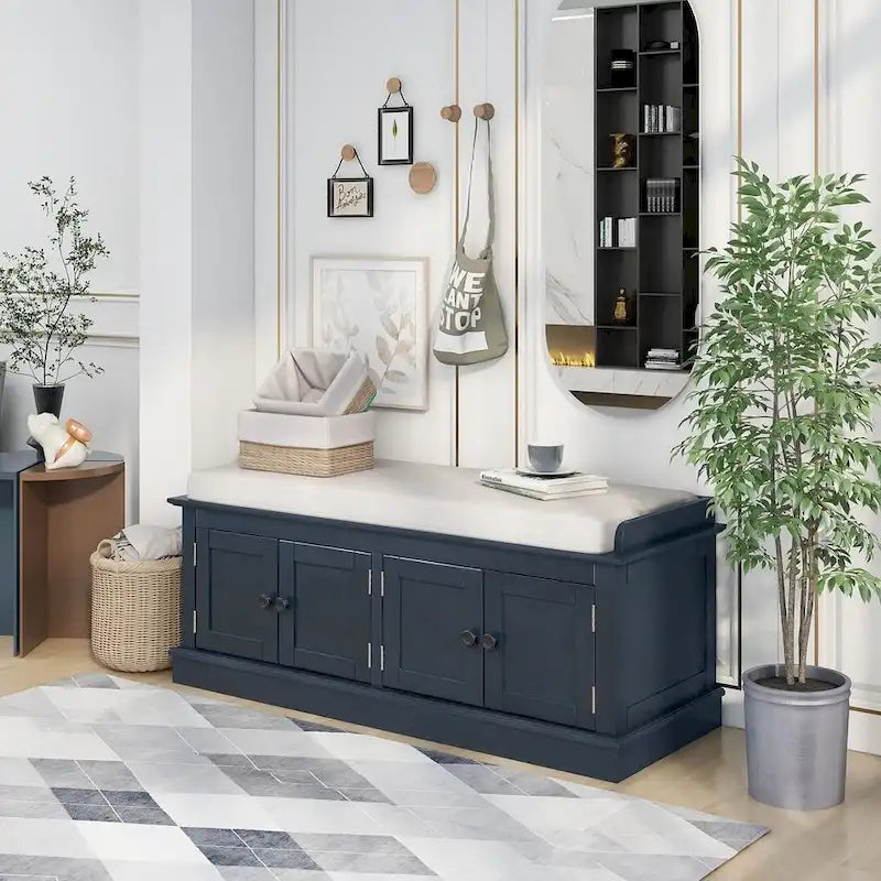Upholstered Storage Bench with 4 Magnetic Doors and Adjustable Shelf for Entryway