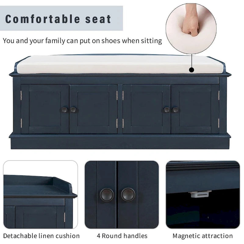 Upholstered Storage Bench with 4 Magnetic Doors and Adjustable Shelf for Entryway