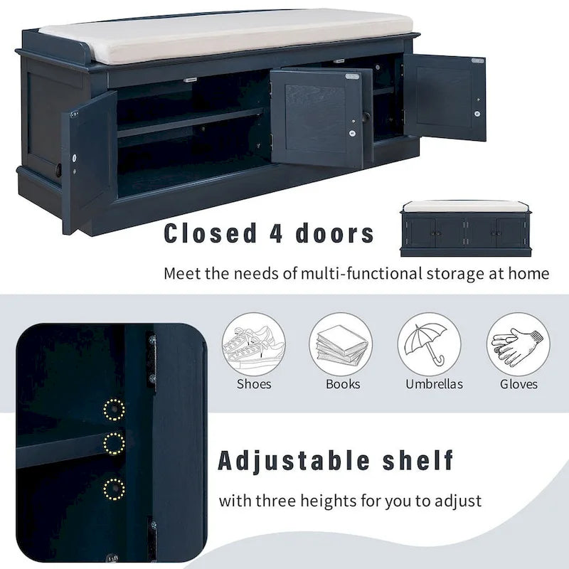 Upholstered Storage Bench with 4 Magnetic Doors and Adjustable Shelf for Entryway