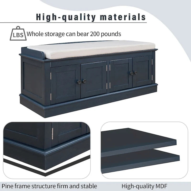 Upholstered Storage Bench with 4 Magnetic Doors and Adjustable Shelf for Entryway