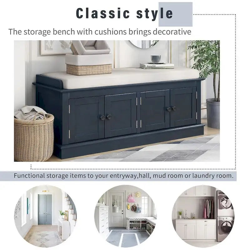 Upholstered Storage Bench with 4 Magnetic Doors and Adjustable Shelf for Entryway