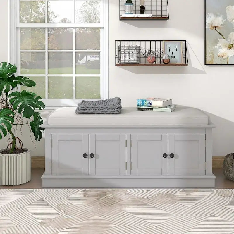 Upholstered Storage Bench with 4 Magnetic Doors and Adjustable Shelf for Entryway
