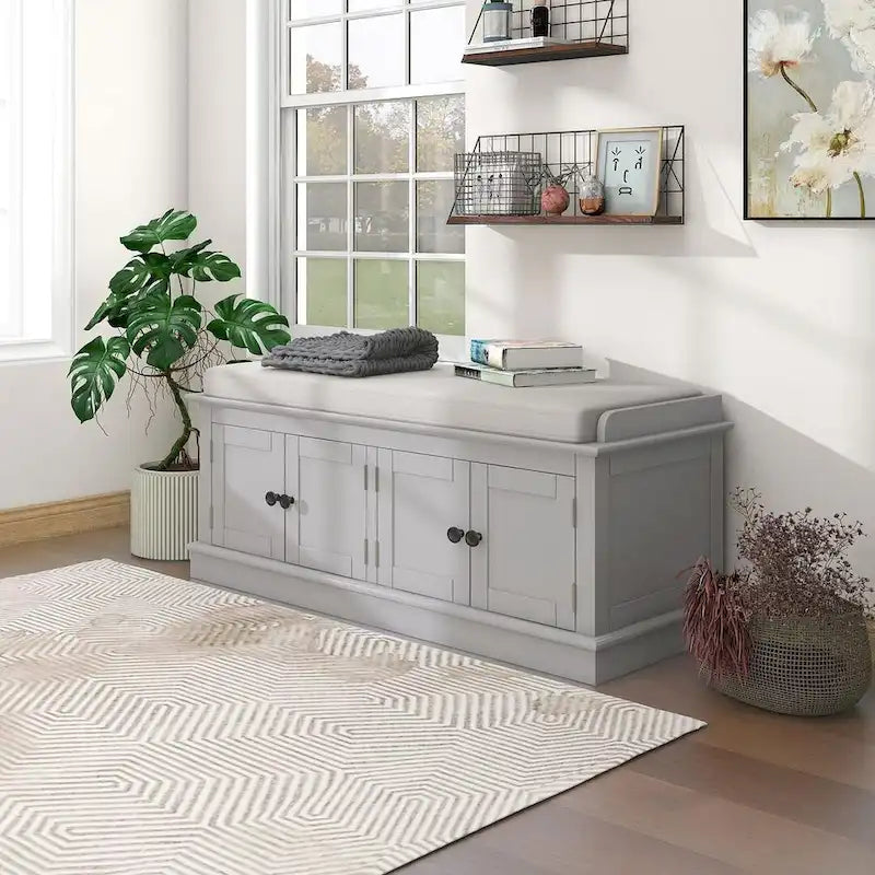 Upholstered Storage Bench with 4 Magnetic Doors and Adjustable Shelf for Entryway
