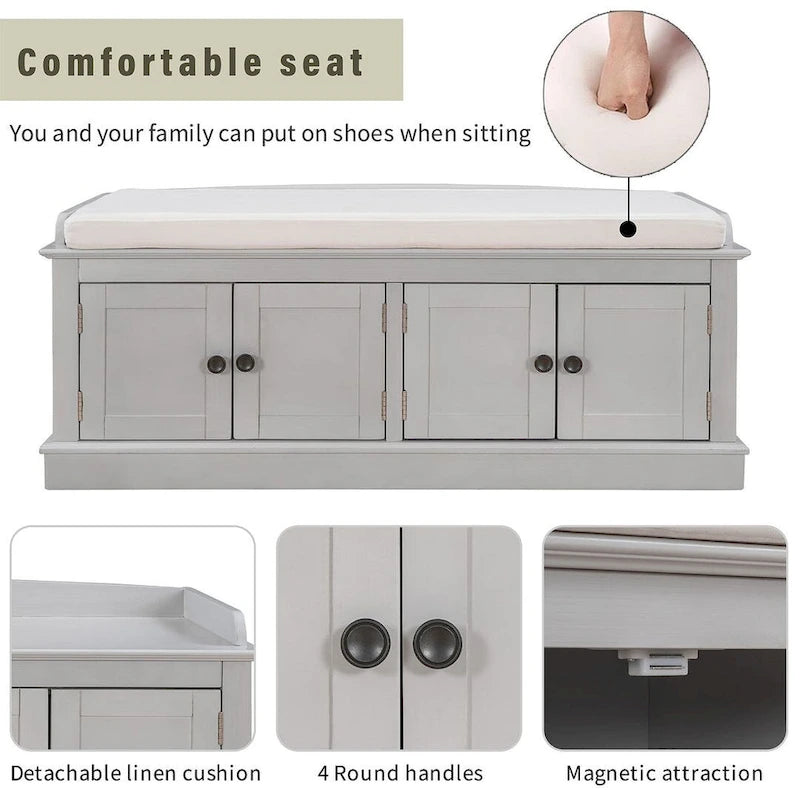 Upholstered Storage Bench with 4 Magnetic Doors and Adjustable Shelf for Entryway