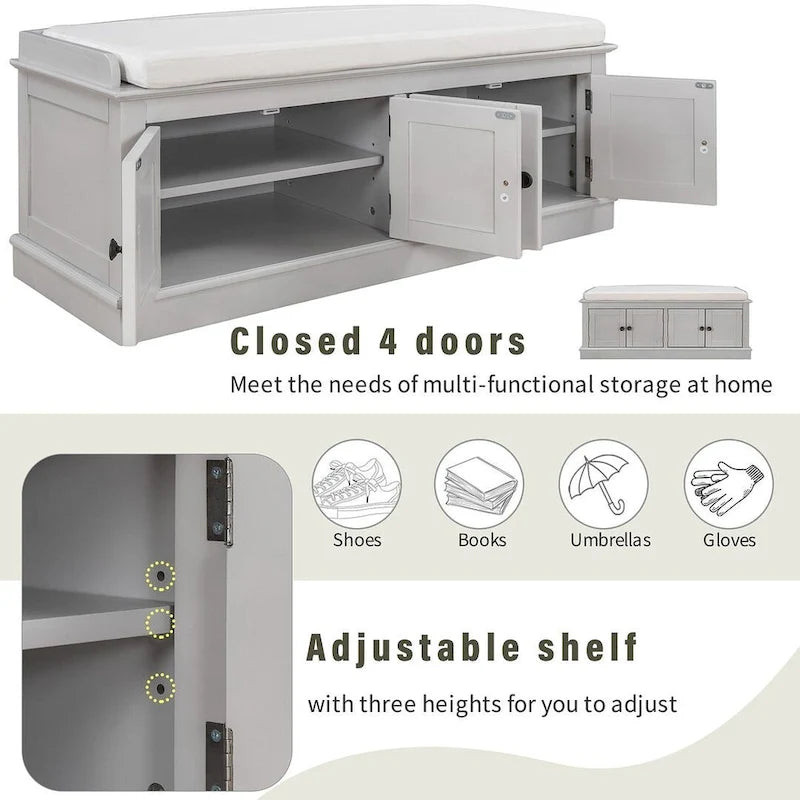 Upholstered Storage Bench with 4 Magnetic Doors and Adjustable Shelf for Entryway