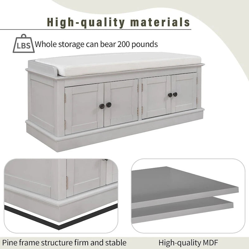 Upholstered Storage Bench with 4 Magnetic Doors and Adjustable Shelf for Entryway