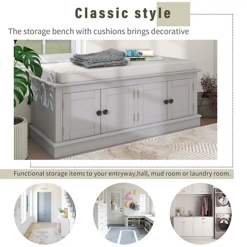 Upholstered Storage Bench with 4 Magnetic Doors and Adjustable Shelf for Entryway