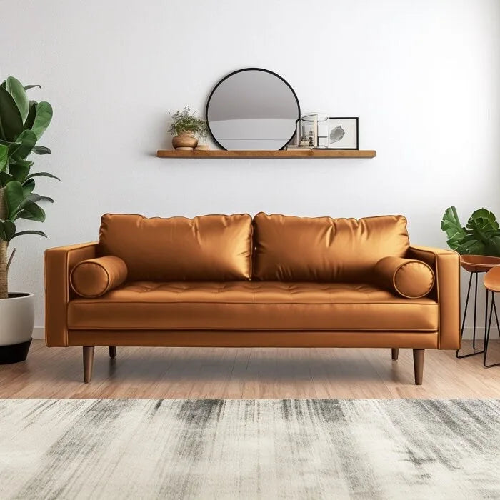 70-Inch Mid-Century Modern Tufted Faux Leather Sofa with Wood Legs and Bolster Pillows