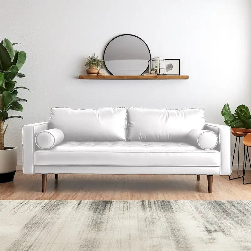 70-Inch Mid-Century Modern Tufted Faux Leather Sofa with Wood Legs and Bolster Pillows