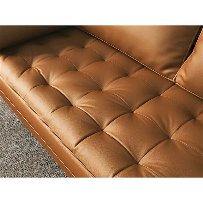 70-Inch Mid-Century Modern Tufted Faux Leather Sofa with Wood Legs and Bolster Pillows
