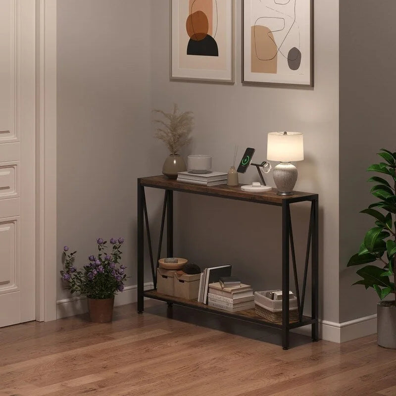 2-Tier Narrow Console Table with Metal Frame for Entryway or Living Room