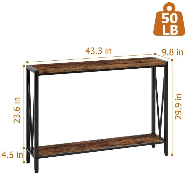 2-Tier Narrow Console Table with Metal Frame for Entryway or Living Room