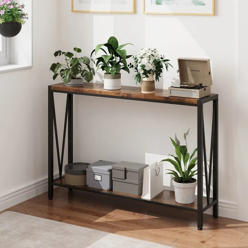 2-Tier Narrow Console Table with Metal Frame for Entryway or Living Room