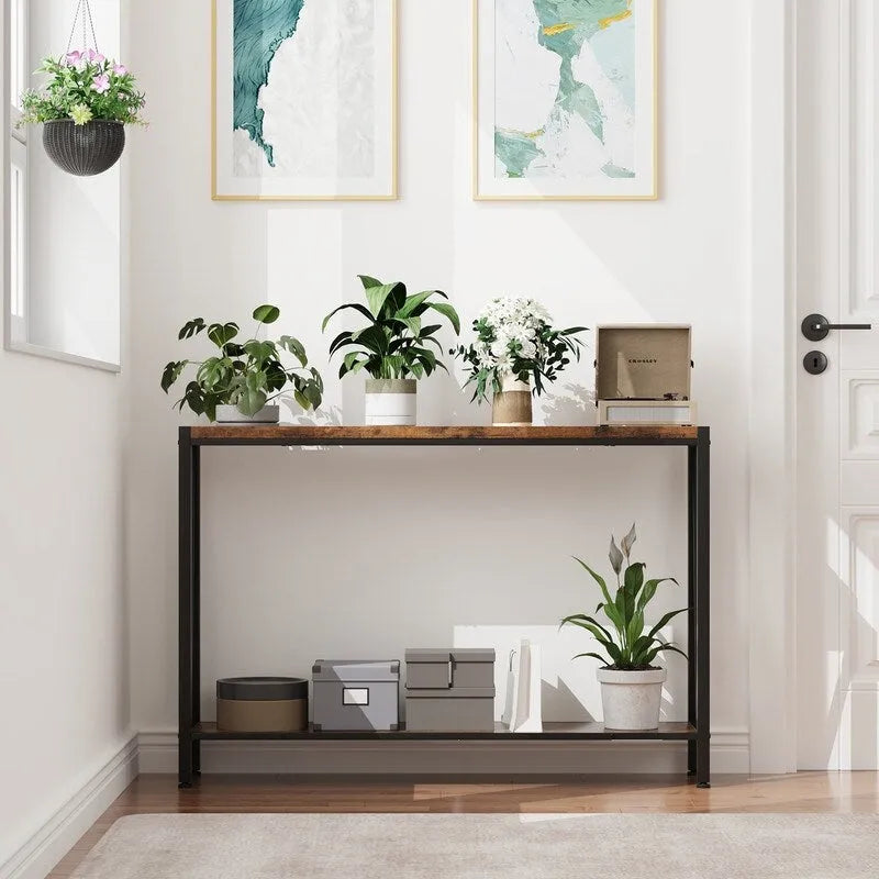 2-Tier Narrow Console Table with Metal Frame for Entryway or Living Room