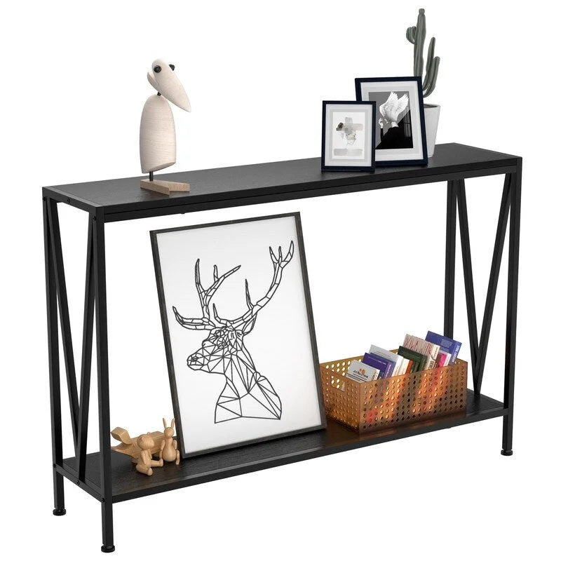 2-Tier Narrow Console Table with Metal Frame for Entryway or Living Room