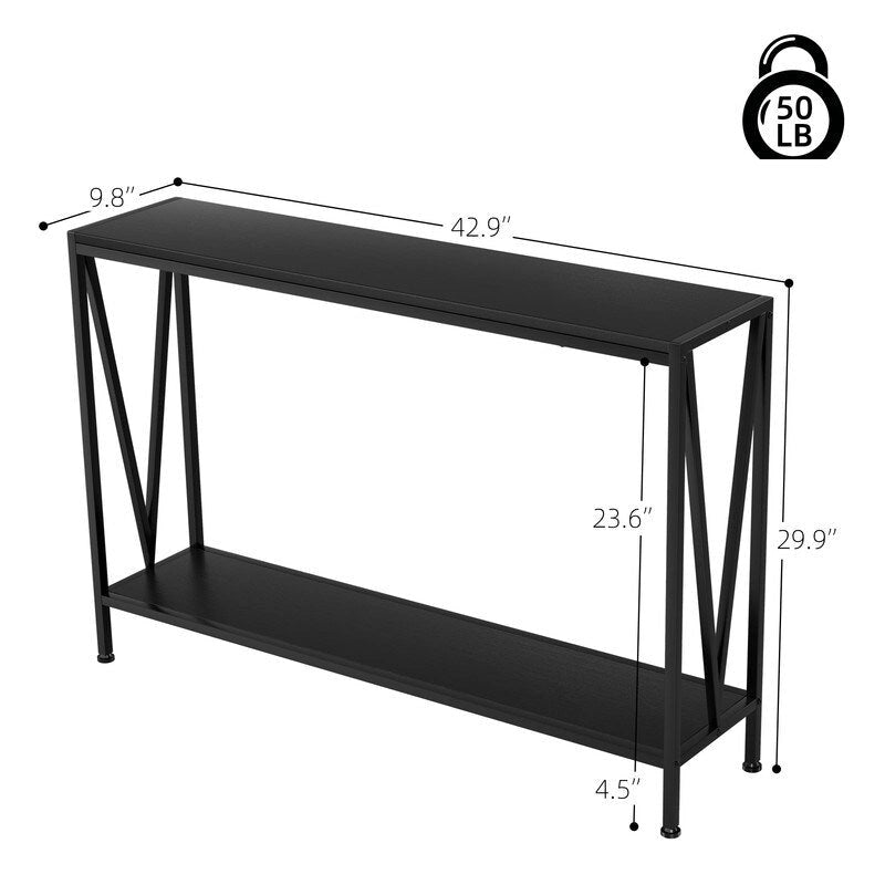2-Tier Narrow Console Table with Metal Frame for Entryway or Living Room