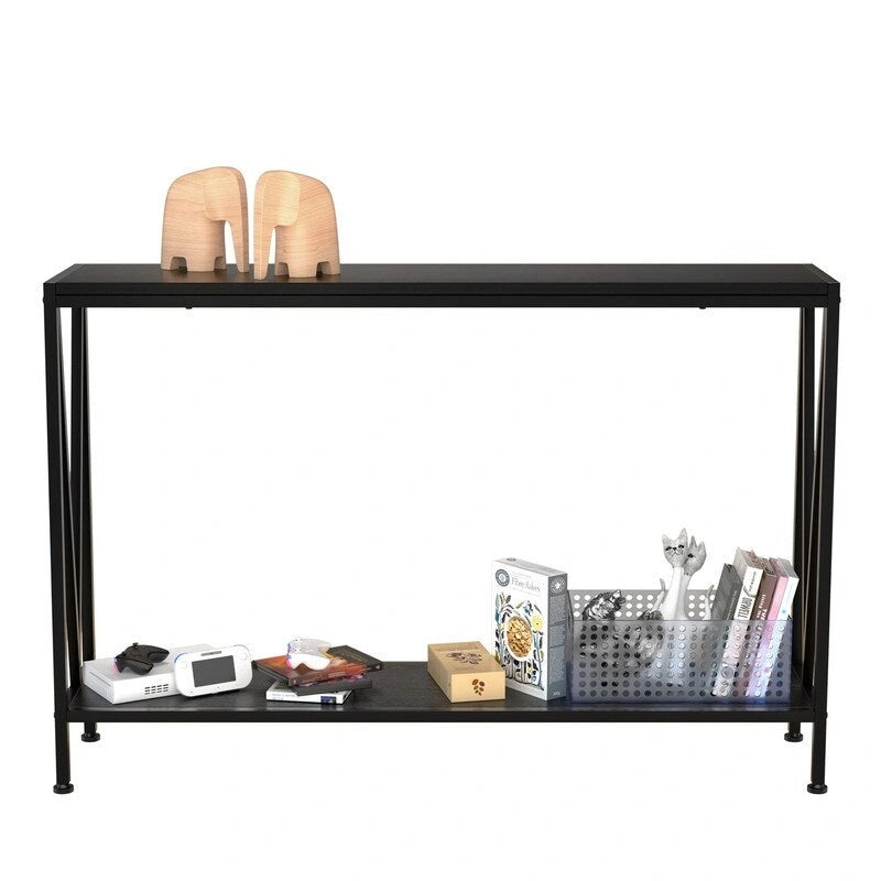2-Tier Narrow Console Table with Metal Frame for Entryway or Living Room