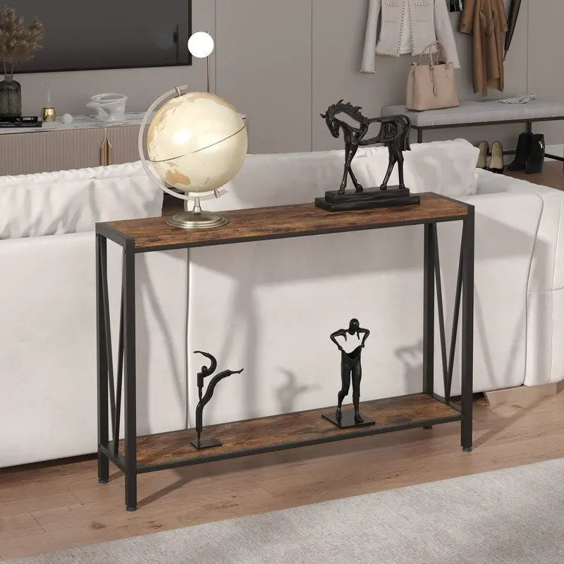2-Tier Narrow Console Table with Metal Frame for Entryway or Living Room