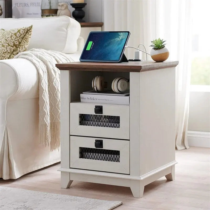 Farmhouse End Table with 2 Drawers, Open Cubby and Built-In AC Outlets and USB Ports
