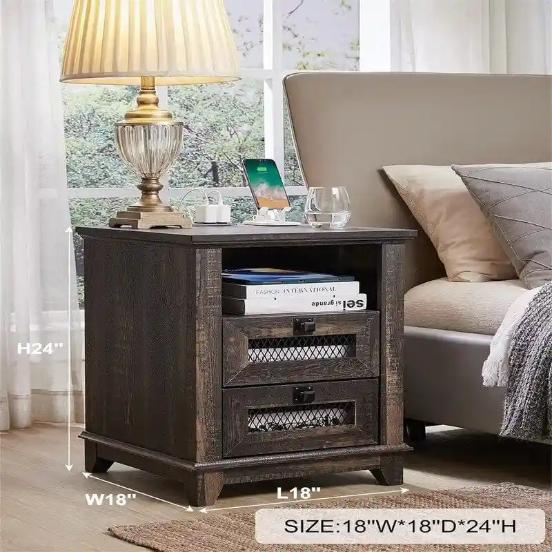Farmhouse End Table with 2 Drawers, Open Cubby and Built-In AC Outlets and USB Ports