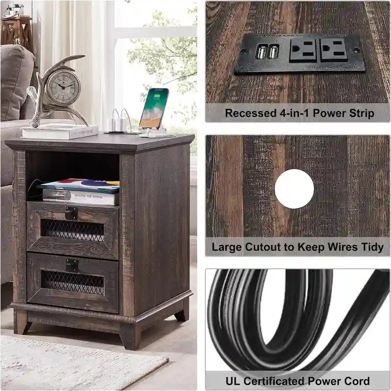 Farmhouse End Table with 2 Drawers, Open Cubby and Built-In AC Outlets and USB Ports
