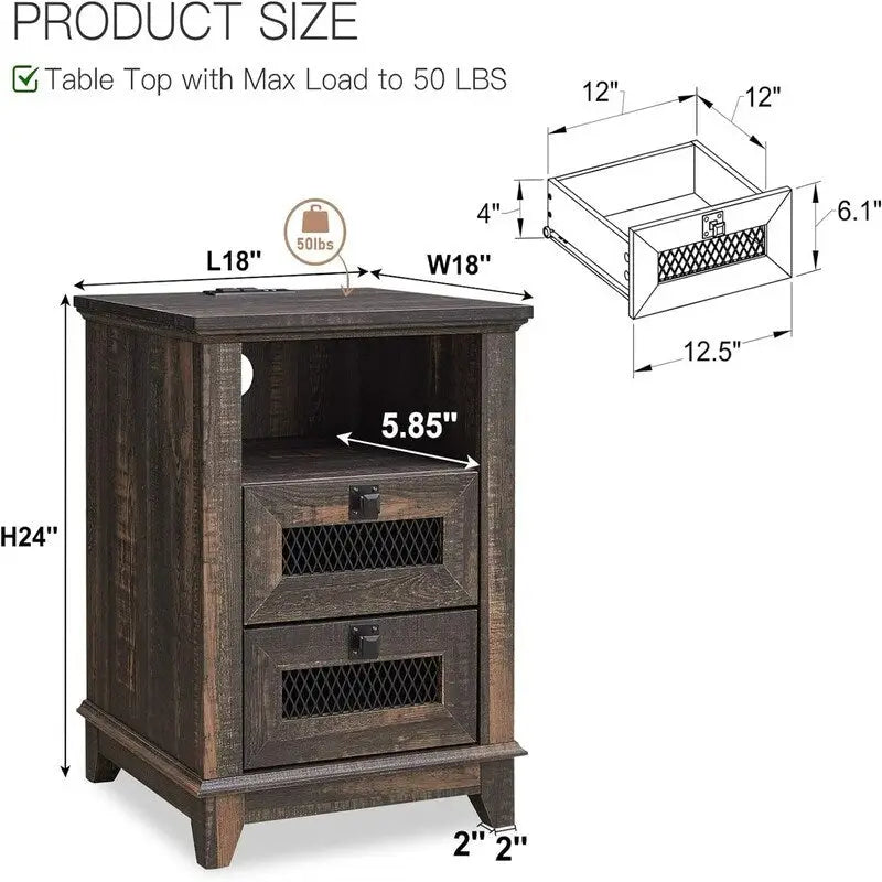 Farmhouse End Table with 2 Drawers, Open Cubby and Built-In AC Outlets and USB Ports