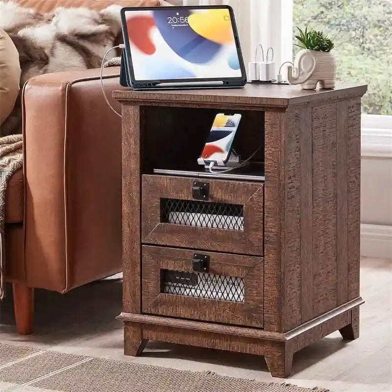 Farmhouse End Table with 2 Drawers, Open Cubby and Built-In AC Outlets and USB Ports