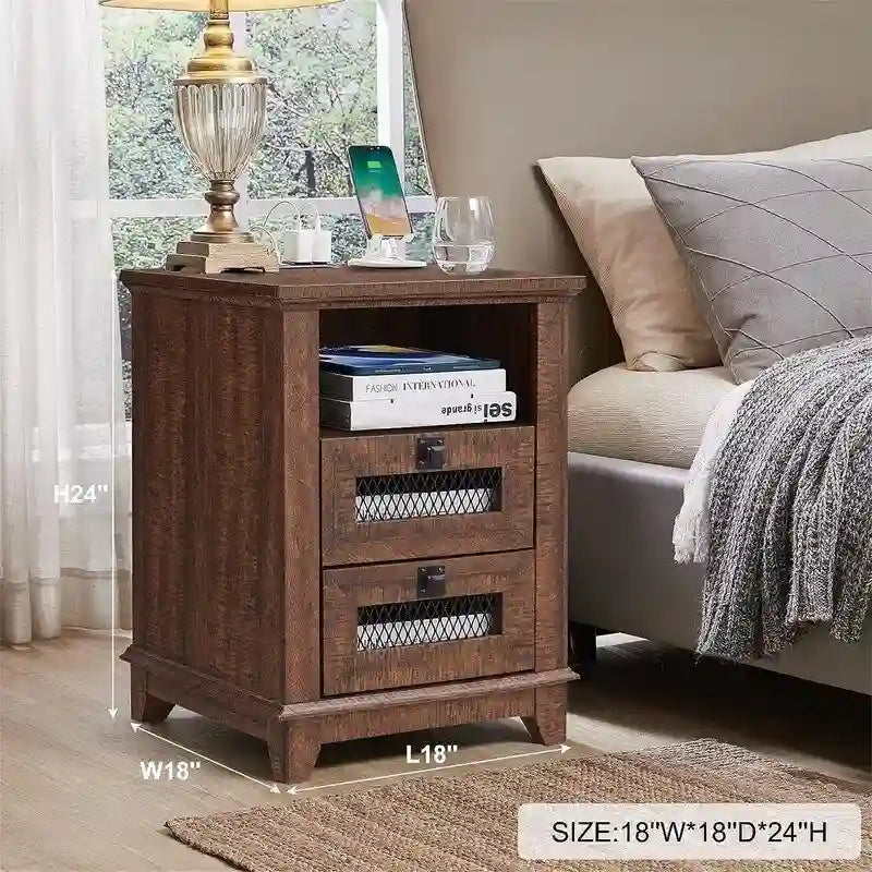 Farmhouse End Table with 2 Drawers, Open Cubby and Built-In AC Outlets and USB Ports