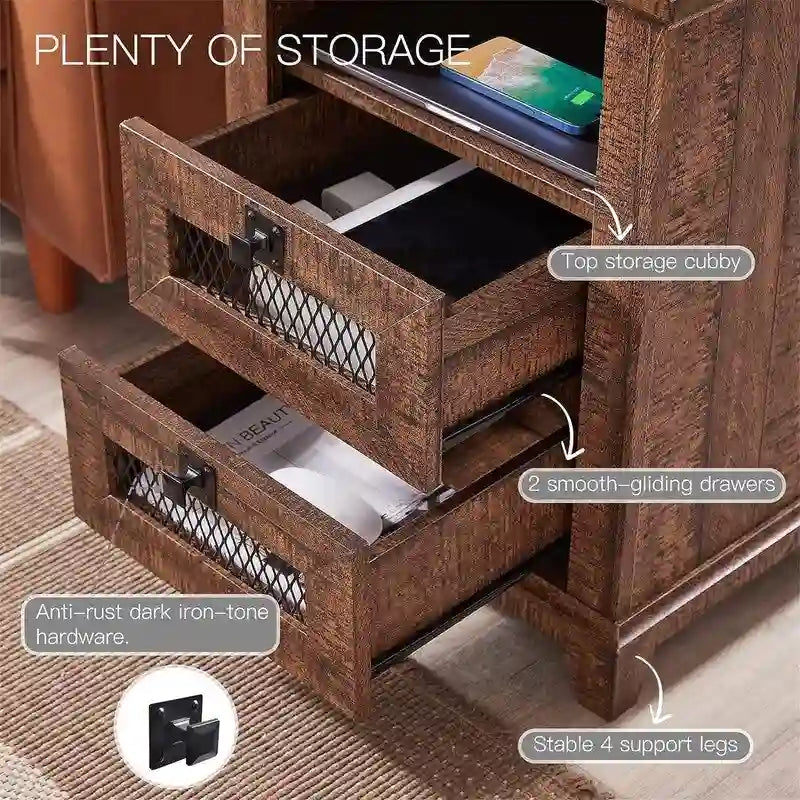 Farmhouse End Table with 2 Drawers, Open Cubby and Built-In AC Outlets and USB Ports