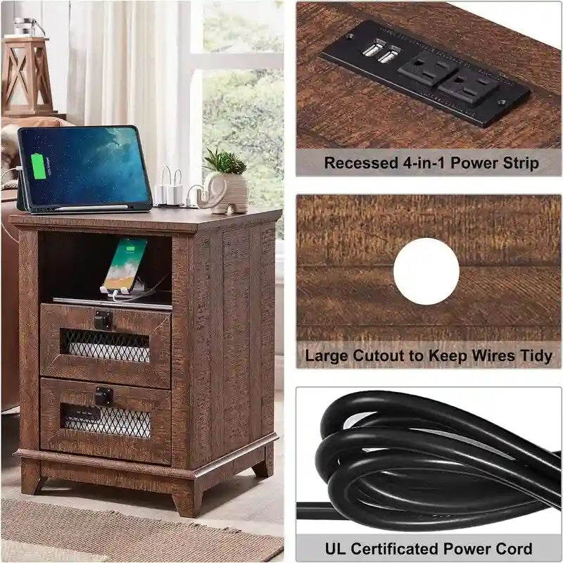 Farmhouse End Table with 2 Drawers, Open Cubby and Built-In AC Outlets and USB Ports