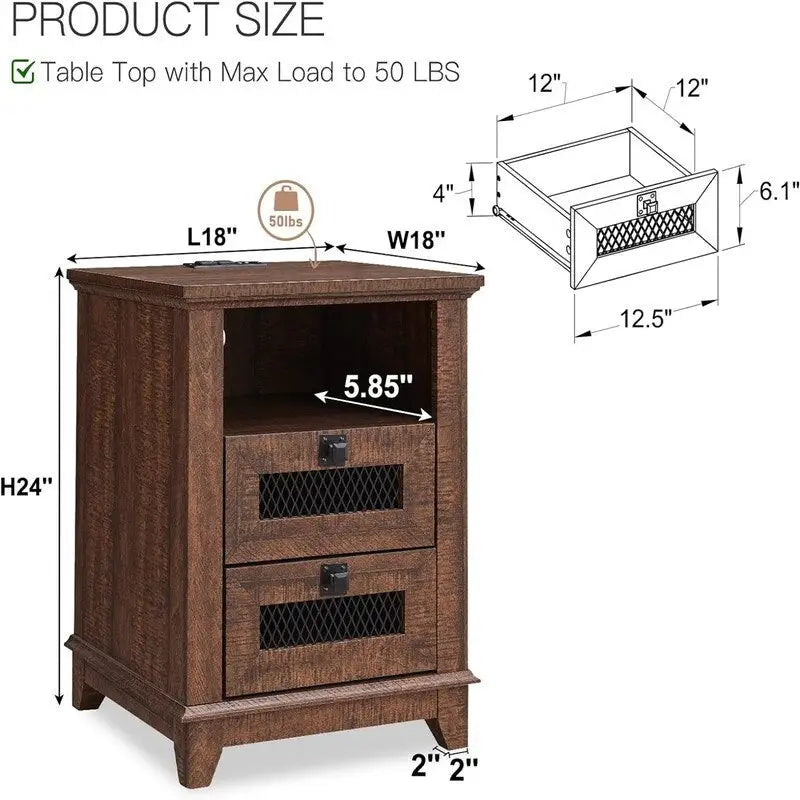 Farmhouse End Table with 2 Drawers, Open Cubby and Built-In AC Outlets and USB Ports