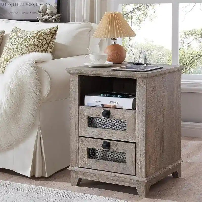 Farmhouse End Table with 2 Drawers, Open Cubby and Built-In AC Outlets and USB Ports