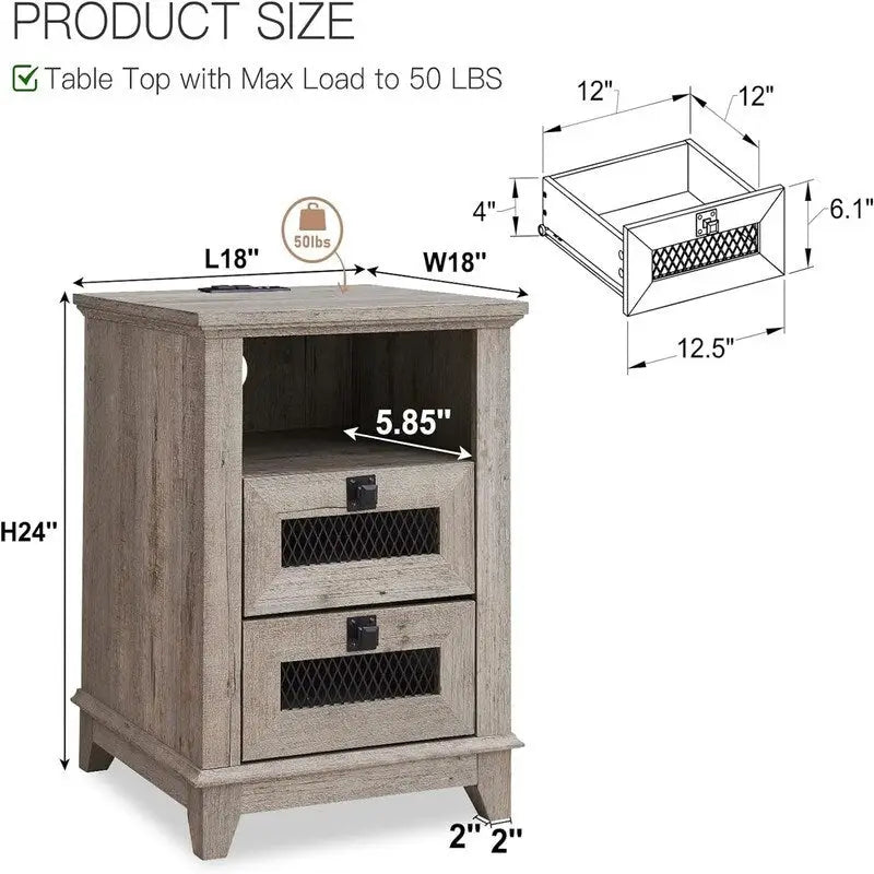 Farmhouse End Table with 2 Drawers, Open Cubby and Built-In AC Outlets and USB Ports