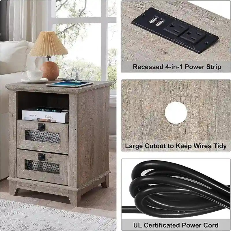 Farmhouse End Table with 2 Drawers, Open Cubby and Built-In AC Outlets and USB Ports