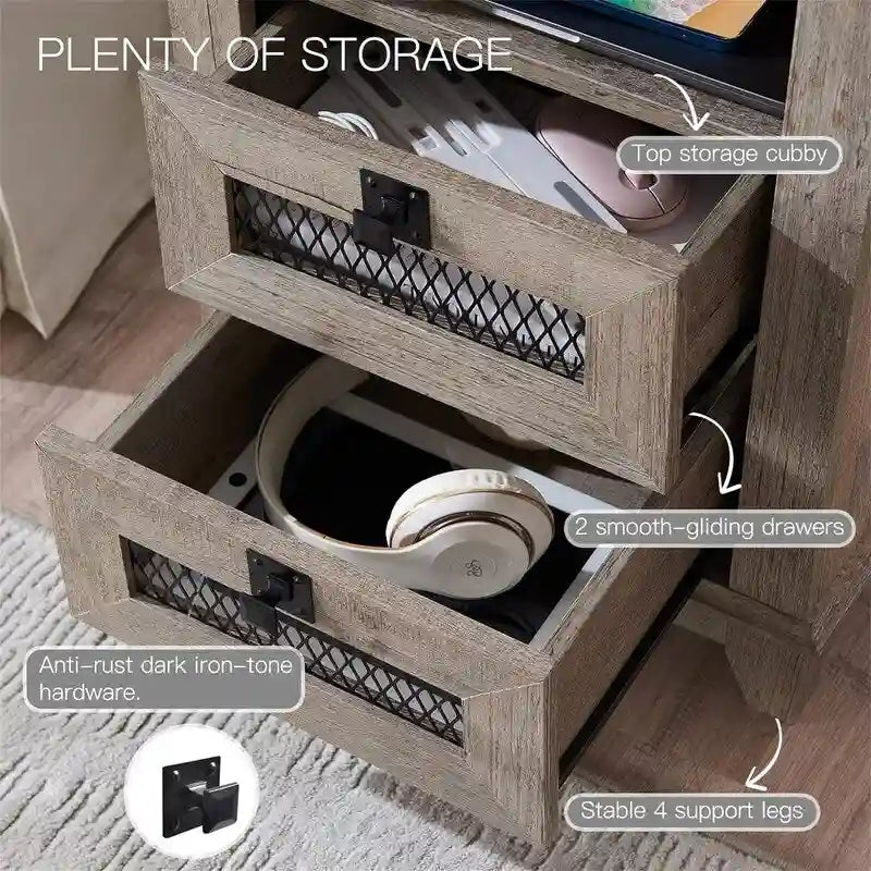 Farmhouse End Table with 2 Drawers, Open Cubby and Built-In AC Outlets and USB Ports