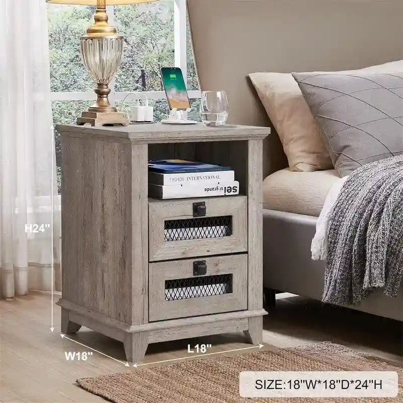 Farmhouse End Table with 2 Drawers, Open Cubby and Built-In AC Outlets and USB Ports