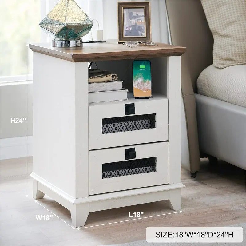 Farmhouse End Table with 2 Drawers, Open Cubby and Built-In AC Outlets and USB Ports