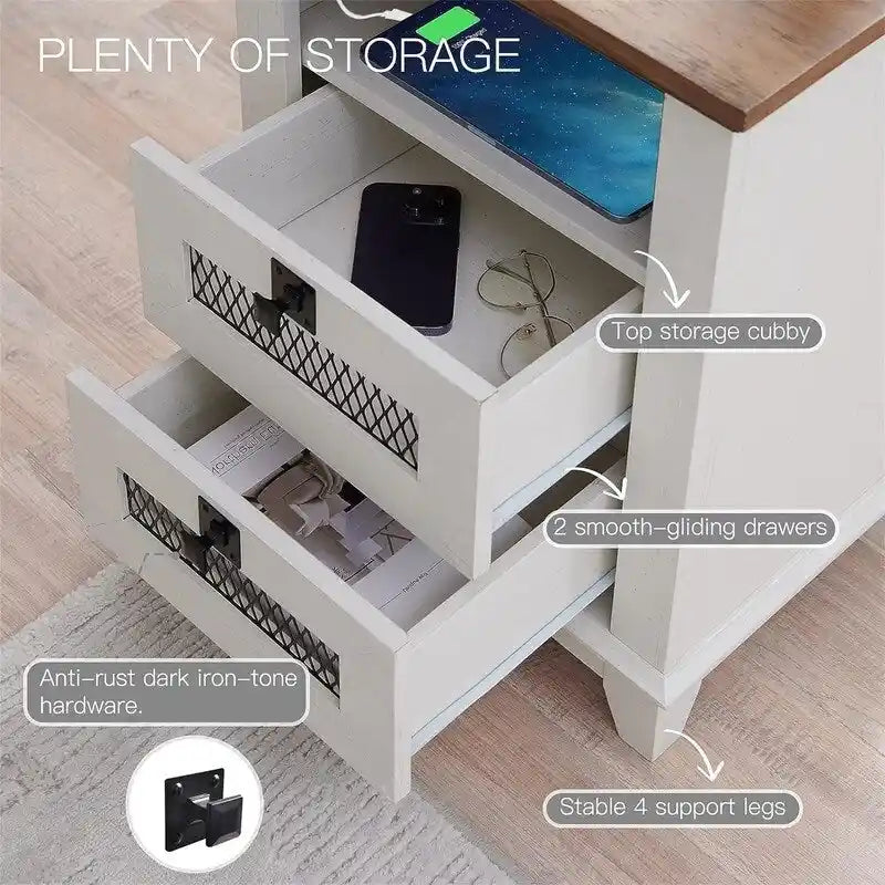 Farmhouse End Table with 2 Drawers, Open Cubby and Built-In AC Outlets and USB Ports