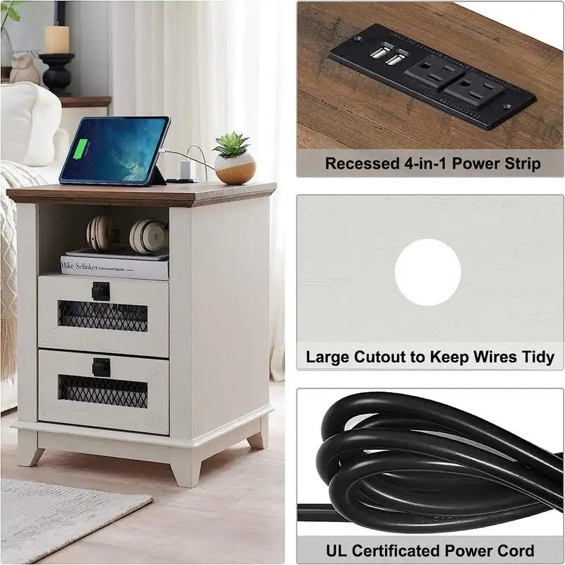 Farmhouse End Table with 2 Drawers, Open Cubby and Built-In AC Outlets and USB Ports