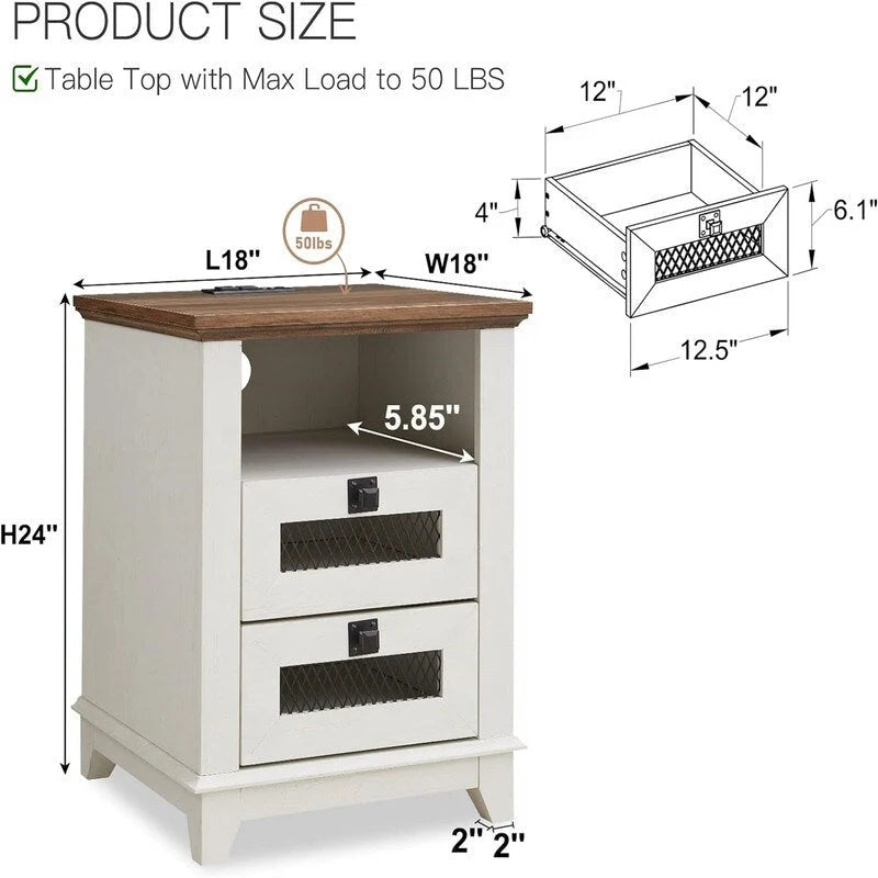 Farmhouse End Table with 2 Drawers, Open Cubby and Built-In AC Outlets and USB Ports